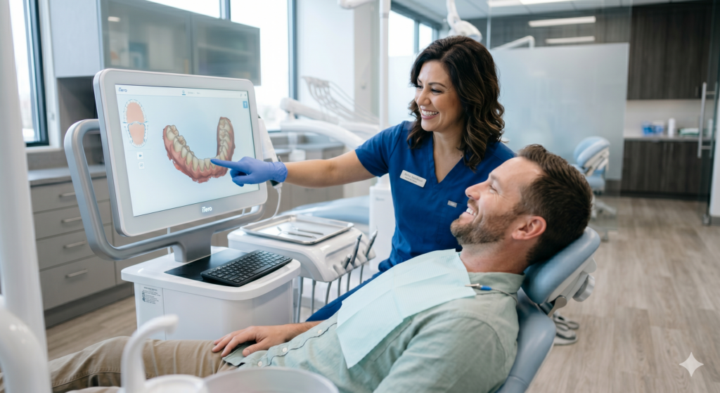 entiste montrant une empreinte optique 3D &agrave; un patient rassur&eacute;