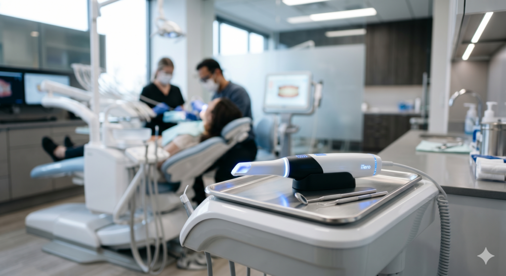 Scanner intra-oral moderne dans un cabinet dentaire num&eacute;ris&eacute; en 2026