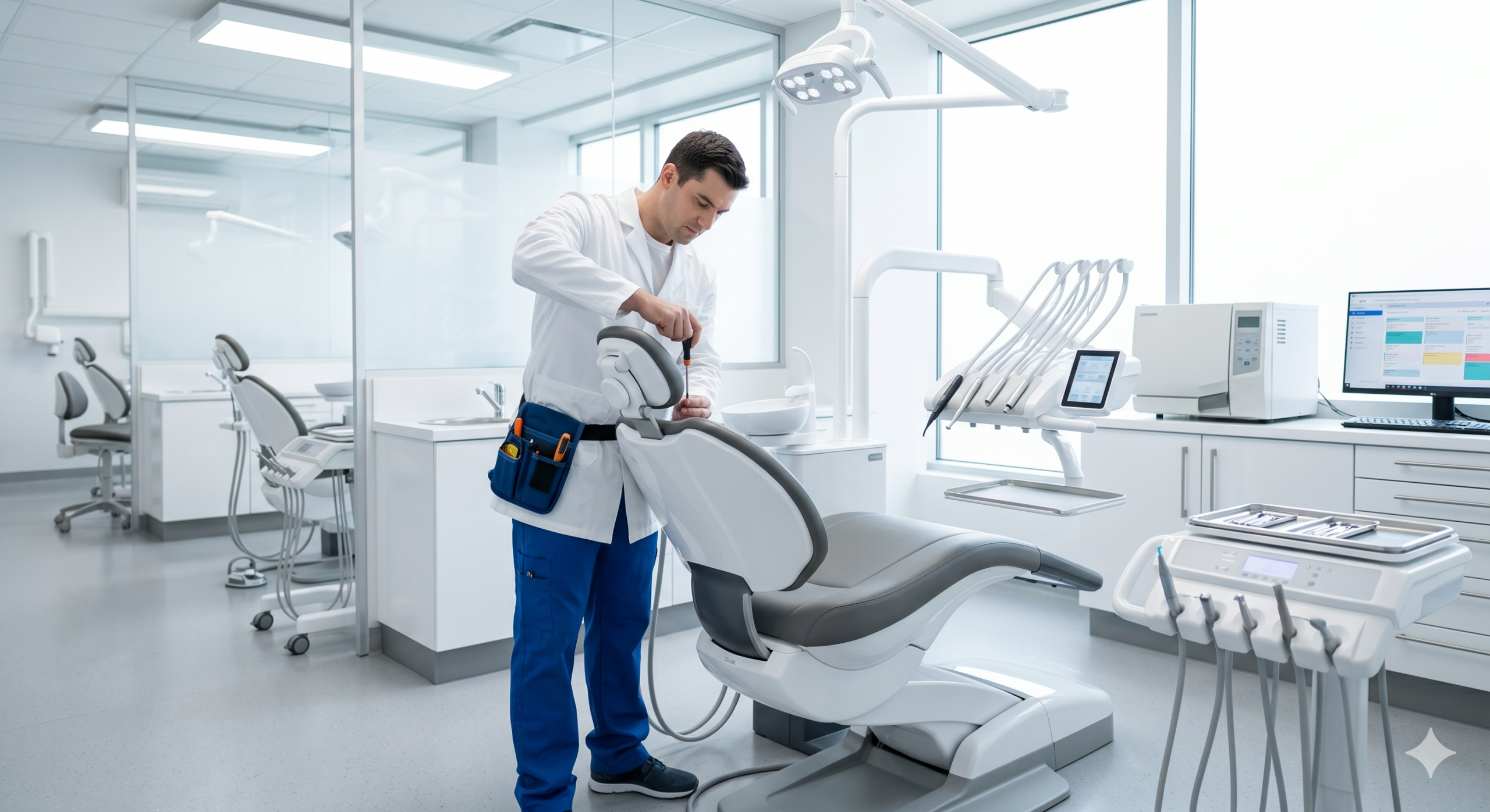 Technicien effectuant la maintenance préventive d'un fauteuil dentaire